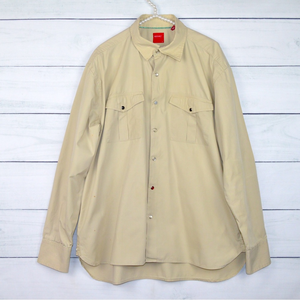 Report Collection | Mens Long Sleeve Tan Brown Button Down Shirt Size XL
